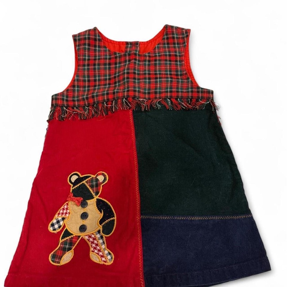 Vtg Samara Red Plaid Corduroy Patchwork Teddy Bear Dress 24 Months